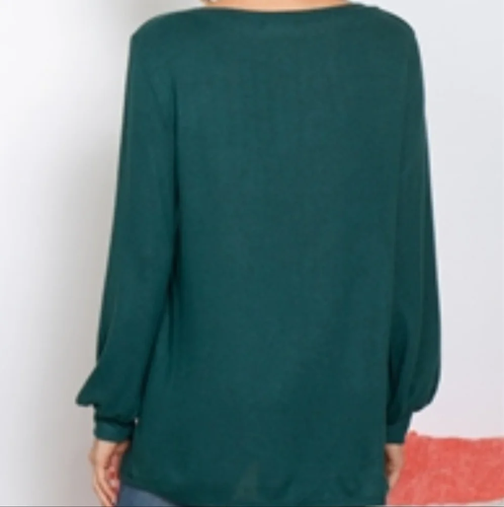 PUFF SLEEVED BOAT NECK BRUSHED HACCI TOP- HUNTER GREEN - Picture 5 of 6